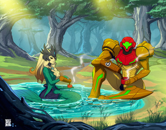 arm_fin armor beverage coffee crown duo faulds female female/female fin forest gorget happy head_fin headgear helmet helmeted_human hip_fins jewelry machine necklace plant power_armor power_suit red_eyes relaxing sitting smile split_form steam thermos tree water jiggernut league_of_legends metroid nintendo riot_games tencent nami_(lol) samus_aran aquatic human humanoid mammal merfolk absurd_res crossover hi_res