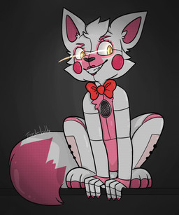 ambiguous_gender black_nose bon.babee bow_tie cheek_tuft claws eyebrows facial_tuft fangs feral fingers fluffy fluffy_tail fur glowing glowing_eyes head_tuft inner_ear_fluff lipstick machine makeup pink_body pink_cheeks pink_claws pink_fur pink_inner_ear sitting smile solo speaker tail teeth tuft yellow_eyes five_nights_at_freddy's scottgames sister_location funtime_foxy_(fnaf) animatronic canid canine fox mammal robot hi_res