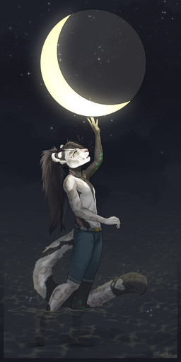 anthro black_body black_fur bottomwear clothed clothing crescent_moon eyebrow_piercing facial_piercing fur hair long_hair male moon night partially_submerged piercing reaching shorts sky solo spots standing standing_in_water star starry_sky topless water white_body white_fur yellow_eyes kaurimoon felid leopard mammal pantherine hi_res