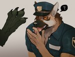 anthro black_body black_fur black_nose bodily_fluids brown_body brown_fur claws clothing duo feet finger_claws finger_fetish finger_lick finger_play fingers fur imminent_foot_worship kemono licking male paws pointy_ears police police_hat police_officer police_uniform question_mark red_eyes saliva solo_focus toe_claws tongue tongue_out uniform k0bit0wani canid canine canis domestic_dog german_shepherd herding_dog hyena mammal pastoral_dog hi_res