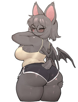 anthro big_breasts breasts butt eyewear female glasses narrowed_eyes round_glasses slightly_chubby solo xeppir bat mammal hi_res