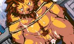 anthro balls belly bodily_fluids bound brown_body brown_fur cum cum_on_face flower_censor fur genital_fluids genitals kemono male moobs nipples overweight overweight_anthro overweight_male penis rope sitting solo koda-kota felid lion mammal pantherine 2012 5:3 censored low_res