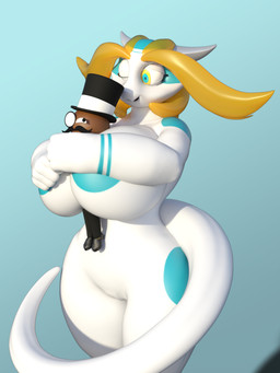 anthro areola bald big_breasts blonde_eyebrows blonde_hair blue_eyes breasts clothing dress_pants dress_shoes duo eyebrows eyewear facial_hair female hair happy hat headgear headwear hug huge_breasts hugging_another larger_female male markings monocle mustache one_eye_closed size_difference top_hat white_body wink yellow_eyes idsaybucketsofart mythology aijou dragon human jou mammal mythological_creature mythological_scalie scalie 2017 3d_(artwork) digital_media_(artwork) unavailable_at_source