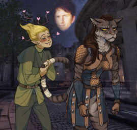 annoyed bandage clothed clothing duo female heart_symbol male male/female tail tail_grab whiskers yellow_eyes hakuryuorion bethesda_game_studios microsoft oblivion the_elder_scrolls adoring_fan felina'ma todd_howard bosmer felid humanoid khajiit mammal 2025 hi_res
