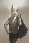 anthro biped bottomwear buckteeth clothed clothing dress_shirt eyebrows fingers front_view fully_clothed grey_background holding_clothing holding_object looking_at_viewer male open_mouth pants shirt simple_background solo standing suit teeth topwear vest whiteleonard virgil_(limemas) lagomorph leporid mammal rabbit 2015 digital_media_(artwork) greyscale monochrome portrait three-quarter_portrait