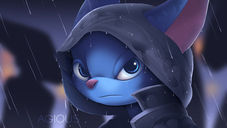 angry anthro black_clothing black_topwear blue_body blue_eyes clothed clothing hood looking_at_viewer male night outside pink_nose raining solo topwear agious eternity_world zupapa felid mammal 16:9 bust_portrait digital_media_(artwork) hi_res portrait widescreen
