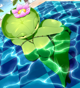 bent_over big_breasts biped breasts butt cloud eyelashes featureless_feet feet female flower front_view glistening green_body half-closed_eyes hand_on_leg hand_on_thigh looking_at_viewer lotus_(flower) monotone_body narrowed_eyes nipples not_furry nude nude_female outside partially_submerged plant solo standing swimming_pool thick_thighs three-quarter_view tree vines water yellow_sclera taihen_(artist) electronic_arts plants_vs._zombies popcap_games elemental_creature elemental_humanoid flora_fauna humanoid lily_pad_(pvz) plant_humanoid 2025 absurd_res digital_drawing_(artwork) digital_media_(artwork) hi_res