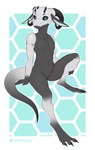 ambiguous_gender ambiguous_slit anthro black_sclera blue_eyes claws countershading dark_body fangs feet genitals horn looking_at_viewer nude simple_background solo tail teeth toes white_body w4g4 kobold lizard reptile scalie 2022 absurd_res hi_res signature