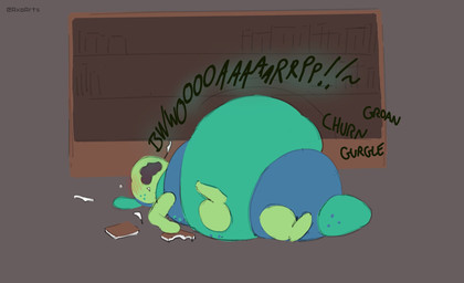 after_eating antennae_(anatomy) anthro bloated blue_body blue_tail blush blush_lines book bookshelf burping freckled_face freckles furniture green_antennae green_body green_tail inside lying male multi_limb multicolored_body on_back onomatopoeia solo sound_effects tail text two_tone_tail axoarts blushcrunch_studio dandy's_world squirm_(dandy's_world) arthropod caterpillar insect larva taur toon_(dandy's_world) 2026 artist_name digital_media_(artwork) hi_res
