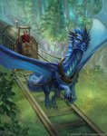 ambiguous_gender blue_body blue_scales cart_pull claws collar day detailed_background duo feral forest grass horn membrane_(anatomy) membranous_wings outside plant scales spines tail text tree wings x-celebril-x european_mythology mythology dragon human mammal mythological_creature mythological_scalie scalie western_dragon 2020 digital_media_(artwork) url