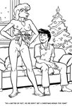 anthro barely_visible_genitalia bottomwear bow_ribbon christmas_tree clothing duo eye_roll female furniture genitals hands_on_hips holidays inside interspecies male nipples nude pants plant shirt sitting smile sofa standing text topwear tree style_wager christmas henrietta_hound beagle canid canine canis domestic_dog human hunting_dog mammal scent_hound english_text monochrome