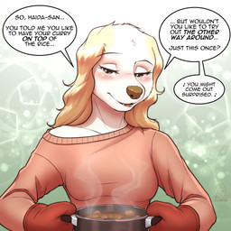 anthro blush clothed clothing dialogue female food half-closed_eyes holding_food holding_object innuendo looking_at_viewer narrowed_eyes open_mouth solo speech_bubble talking_to_viewer text tongue topwear mykegreywolf aggretsuko sanrio inui_(aggretsuko) borzoi canid canine canis domestic_dog hunting_dog mammal sighthound 1:1 2020 english_text hi_res