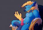 anthro blue_body blue_eyes blue_skin claws erection fur genitals horn knot male penis pupils scales simple_background slit_pupils solo white_body white_fur puppenstein capcom monster_hunter fanged_wyvern scalie zinogre digital_media_(artwork) hi_res