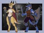 black_sclera blue_body clothed clothing duo female green_eyes horn red_eyes scales tail text yellow_body arashidrgn kobold scalie 2023 absurd_res english_text hi_res