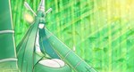 anthro bamboo big_breasts breasts clothed clothing covered_eyes detailed_background female floating_arms floating_hands gem green_body green_gem head_gem huge_breasts light light_beam long_neck macro open_mouth particles pseudo_hair solo sunbeam sunlight white_body latiar nintendo pokemon celesteela generation_7_pokemon pokemon_(species) ultra_beast 2024 digital_media_(artwork) hi_res