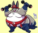 asian_clothing baseball_cap belly big_belly celebration clothing dumbbell east_asian_clothing exercise hat headgear headwear japanese_clothing male mawashi moobs obese overweight red_clothing solo sumo_wrestler weightlifting weights workout royaljellysandwich boston_red_sox mlb nintendo pokemon canid canine fox generation_8_pokemon mammal nickit pokemon_(species) hi_res