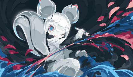abstract_background animal_ears anthro black_sleeves blue_eyes chinese_commentary clothing colored_nails colored_skin commentary double_bun english_commentary eyeliner female hair hair_bun holding_stylus holding_tablet_pen leggings legwear long_sleeves looking_at_viewer machine makeup mascot nails one_eye_closed paint parted_lips petals pink_eyeliner pink_eyes pink_nails pupils shirt smile solo splash_image squirrel_ears squirrel_tail stylus symbol_in_eye tablet_pen tail three-quarter_view topwear tsurime unusual_pupils v-shaped_eyebrows white_body white_clothing white_hair white_leggings white_legwear white_shirt white_skin white_topwear tyson_tan kde krita_(copyright) kiki_the_cyber_squirrel android mammal robot rodent sciurid tree_squirrel 2016 absurd_res digital_media_(artwork) hi_res krita_(artwork) official_art signature