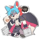 anthro blue_eyes blue_hair chibi fur gesture hair hand_gesture keychain looking_at_viewer male one_eye_closed purple_body purple_fur red_hair solo thumbs_up white_body white_fur viosgit canid canine canis mammal wolf 2021 hi_res