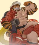 abs accessory anthro anthro_on_anthro armor balls barazoku beard belt bent_over biceps big_balls big_dom_small_sub big_muscles big_penis bodily_fluids bottomwear bottomwear_down butt clothed clothing cock_ring countershading dominant duo erection eyebrows facial_hair firefighter flexing foreskin fur genitals gloves handwear hard_hat headgear helmet hose huge_muscles humanoid_genitalia humanoid_penis imminent_anal imminent_sex jewelry male male/male muscular muscular_anthro muscular_male navel nipples obliques open_clothing open_shirt open_topwear orange_body orange_fur pants pants_down partially_clothed pecs penis penis_accessory penis_jewelry retracted_foreskin shirt simple_background size_difference smile solo_focus standing striped_body striped_fur stripes sweat teeth thick_penis topwear tuft unzipped vein veiny_muscles white_background zipper imato felix_(imato) canid canine felid mammal pantherine tiger 2022 absurd_res digital_drawing_(artwork) digital_media_(artwork) hi_res