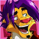 anthro black_eyebrows blue_eyes clothed clothing eyebrows fur grey_eyes hair heterochromia male open_mouth potrait purple_hair red_background red_nose red_tongue shirt simple_background solo teeth tongue topwear whiskers yellow_body yellow_fur ango76 henry_hass felid mammal 1:1 headshot_portrait icon low_res portrait