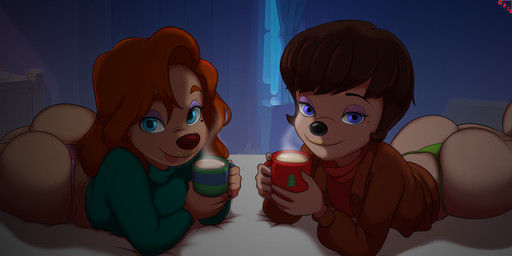 anthro bed beverage blue_eyes butt candy chocolate clothed clothing container cup dessert duo female food furniture hair holding_container holding_cup holding_mug holding_object hot_chocolate jacket looking_at_viewer lying markings mole_(marking) mole_under_eye mug on_bed on_front open_clothing open_jacket open_topwear panties red_hair simple_background smile sweater tongue tongue_out topwear underwear oddrich disney goof_troop mickey's_twice_upon_a_christmas mona_mariam roxanne_rover canid canine canis domestic_dog mammal digital_media_(artwork) hi_res