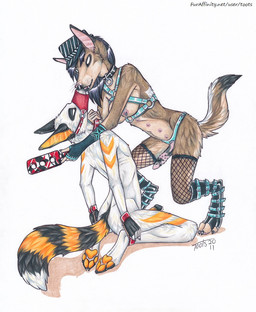 anthro bdsm bodily_fluids bondage bound breasts clothing collar cum dildo dominatrix duo erection female genital_fluids genitals harness hat headgear headwear kissing male male/female multi_nipple muzzle_(object) muzzled nipples nude paddle penis sex sex_toy strapon tail text toots canid canine canis coyote fox mammal 2011 url