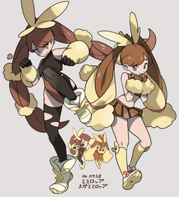alternate_species anthro bare_shoulders black_clothing bottomwear brown_clothing brown_eyes brown_hair clothing cosplay duo female fingerless_gloves fluffy footwear fur gloves hair handwear humanized leg_markings legwear leotard long_hair markings navel shoes skirt socks solo stockings text torn_clothing torn_legwear torn_stockings white_body white_skin yellow_body yellow_fur himurohiromu nintendo pokemon generation_4_pokemon generation_6_pokemon human lagomorph lopunny mammal mega_evolution mega_lopunny pokemon_(species) hi_res japanese_text
