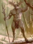 4_fingers abs anthro antlers biceps biped body_hair bottomwear breath clothed clothing cloven_hooves fingers forest fur happy_trail hooves horn loincloth loincloth_only looking_at_viewer male muscular muscular_anthro muscular_male muscular_thighs nature nipples pattern_clothing pecs plaid plaid_clothing plant solo topless tree unguligrade walking_stick taran_fiddler deer mammal moose new_world_deer 2022 3:4 greyscale hi_res monochrome sepia