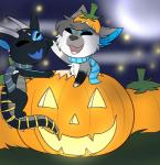 ambiguous_gender anthro chibi duo holidays jack-o'-lantern open_mouth open_smile scarf semi-anthro smile tail tongue impbutt halloween mythology khyther_pyroxen_(ragingmoonbeam) rugun_whitepaws canid canine dragon fox hybrid kobold mammal mythological_creature mythological_scalie scalie absurd_res hi_res