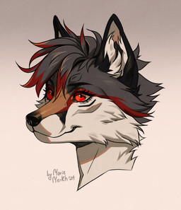 ambiguous_gender anthro black_nose cheek_tuft eyelashes facial_tuft fur glistening glistening_eyes gradient_background grey_body grey_fur grey_hair hair mouth_closed multicolored_hair neck_tuft red_eyes red_hair simple_background solo tuft two_tone_hair white_body white_fur marie_merkh canid canine mammal 2024 dated hi_res
