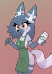 anthro apron blue_hair breasts bulge cleavage clothed clothing coffee_cup container cup gynomorph hair inner_ear_fluff intersex orange_eyes partially_clothed solo tail tuft writing_utensil clumsypaws i_mean_breast_milk canid canine mammal maned_wolf hi_res meme trans_(lore) trans_woman_(lore)