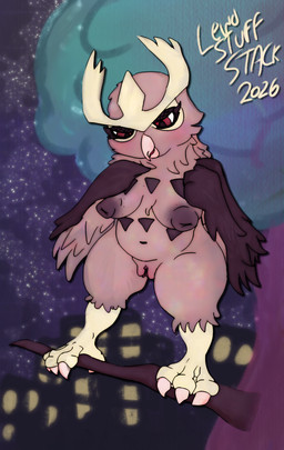anthro beak belly big_breasts blush branch breasts brown_body brown_feathers brown_nipples building city clitoris eyelashes feathers feet female fluffy genitals looking_down night nipples nude open_mouth outside plant sky solo standing star talons thick_thighs toes tree tuft vulva wings lewdstuffstack nintendo pokemon avian bird generation_2_pokemon noctowl pokemon_(species) 2026 digital_media_(artwork) hi_res