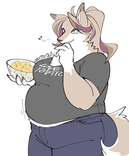 anthro belly belly_peeking_out blue_eyes bowl breasts chips_(food) clothing colored_nails container eyelashes female food fur hair holding_bowl holding_container holding_food holding_object kemono musical_note musical_symbol nails overweight potato_chips shirt simple_background slightly_chubby slightly_chubby_anthro slightly_chubby_female smile solo symbol tail tan_body tan_fur tan_hair text text_on_clothing text_on_shirt text_on_topwear topwear white_body white_fur mochimochiland meg_(suda) canid canine mammal english_text hi_res signature