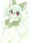 abstract_background anthro anthrofied big_ears big_eyes blush chest_tuft eyelashes featureless_crotch female fluffy green_body green_hair hair handpaw kemono looking_at_viewer navel nude open_mouth pawpads paws pokemorph raised_arm red_eyes solo tongue tongue_out tuft kuzuyu nintendo pokemon felid feline generation_9_pokemon mammal pokemon_(species) sprigatito hi_res