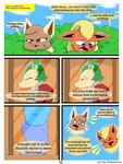 3:4 absurd_res anthro brown_body brown_eyes brown_fur canid canine clothed clothing comic dialogue digital_drawing_(artwork) digital_media_(artwork) duo eevee eeveelution elizabeth_venizee english_text female flamberry_(artist) flareon franklin_flare fur generation_1_pokemon generation_2_pokemon generation_4_pokemon hair hi_res ibispaint_(artwork) leafeon lyennan_venizee_flare_(flamberry) male male/female mammal nintendo open_mouth plant pokemon pokemon_(species) simple_background text