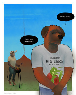 4_arms 4_fingers anthro barbecue border bottomwear brown_body brown_fur clothing dark_ears denim denim_bottomwear denim_clothing dialogue duo fingers fire fur grill grilling hoodie hooves horn humor jeans joke looking_aside male mountain multi_arm multi_limb one_eye_closed orange_body orange_eyes orange_fur pants red_clothing red_hoodie red_topwear sad shirt smoke spatula speech_bubble spikes spikes_(anatomy) tail text tools topwear volcano white_border wink sharkinthepark barry_(sharkinthepark) max_(maxmulticroc) rowel_(sharkinthepark) bovid bovine canid canine cattle crocodile crocodilian fox mammal reptile scalie 2026 4:5 absurd_res comic english_text hi_res