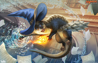 ambiguous_gender book bookshelf broom broom_riding brown_body brown_fur cleaning_tool clothing elemental_manipulation feet feral fire fire_manipulation flying flying_broom fur furniture hat headgear headwear inside magic membrane_(anatomy) open_mouth paper solo tail toes water_manipulation webbed_feet webbed_hands whiskers wizard_hat brian_valeza hasbro magic:_the_gathering wizards_of_the_coast mammal mustelid otter 2022 official_art