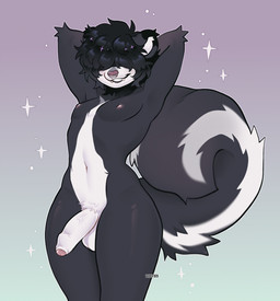 anthro arm_tuft balls big_tail black_body black_fur black_hair black_lips countershading curvy_figure elbow_tuft erection facial_piercing fangs femboy foreskin fur genitals glans gradient_background hair hair_over_eyes hand_behind_head hands_behind_head hands_behind_own_head lips male medium_hair messy_hair multicolored_body multicolored_fur navel nipples nose_piercing nude penis piercing pink_glans pose raised_arms seductive simple_background skunk_tail small_waist smile smiling_at_viewer smirk smirking_at_viewer solo sparkles tail teasing teeth text thick_thighs tuft two_tone_body two_tone_fur vein veiny_penis white_body white_countershading white_fur wide_hips lezified max_(lezified) mammal mephitid skunk 2025 artist_name digital_drawing_(artwork) digital_media_(artwork) hi_res portrait three-quarter_portrait