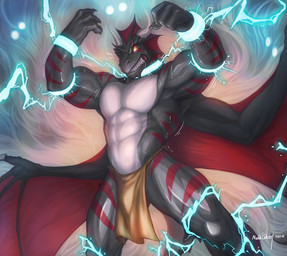 4_fingers abs abstract_background amber_eyes anthro athletic barazoku biceps big_muscles biped black_body black_skin bottomwear bound bulge chain chained clenched_teeth clothed clothing collar cuff_(restraint) electricity fangs fingers fist flexing glowing glowing_eyes grey_body grey_skin horn loincloth looking_at_viewer magic magical_binding male markings membrane_(anatomy) membranous_wings multicolored_body multicolored_skin muscular muscular_anthro muscular_male muscular_sub navel pecs raised_arm red_body red_skin restrained restraints scales shackles sharp_teeth simple_background solo spread_wings standing stripes submissive submissive_male tail teeth topless two_tone_body two_tone_skin underwear vein wings null-ghost soulhunter-amras european_mythology mythology amras_lelliath dragon mythological_creature mythological_scalie reptile scalie western_dragon 2013