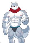 abs anthro blue_eyes blush briefs bulge clothing detailed_bulge fur grey_body grey_fur male muscular muscular_anthro muscular_male nipples offering_hand pecs solo underwear shinobiya crave_saga hakuma_(crave_saga) canid canine canis mammal wolf absurd_res hi_res