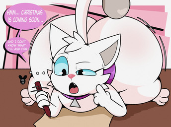 ambiguous_gender big_butt black_eyes blue_eyes blue_sclera butt collar dialogue ellipsis eyebrows eyelashes feral holding_object holding_pen huge_butt hyper hyper_butt lying motion_lines on_front open_mouth paper paws pen pencil_(object) pink_nose pink_speech_bubble pupils quadruped sharp_teeth solo speech_bubble talking_to_self teeth text thick_thighs white_body white_text wide_hips luanctoons domestic_cat felid feline felis mammal 2025 absurd_res english_text hi_res