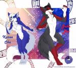 anthro blue_body blue_fur cybernetics duo electronics female fur jukebox machine male music open_mouth simple_background smile text fuzzycoma karee_oke canid canine cyborg fox mammal digital_media_(artwork) english_text url