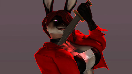 5_fingers abs anthro big_breasts black_clothing black_gloves black_handwear bowie_knife breasts buckteeth choker cleavage clothed clothed_anthro clothed_female clothing female fingers fur gloves glowing glowing_eyes hair handwear holding_knife holding_melee_weapon holding_object holding_weapon jacket jewelry knife licking_knife looking_at_viewer malicious_intent melee_weapon multicolored_body multicolored_fur muscular muscular_anthro muscular_female necklace purple_eyes rabbit_ears red_clothing red_hair red_jacket red_topwear short_hair simple_background smile solo teeth tongue topwear weapon thevestige petruz_(modeler) iris_(thevestige) rabbit_(petruz) lagomorph leporid mammal rabbit 16:9 2026 3d_(artwork) digital_media_(artwork) hi_res source_filmmaker_(artwork) widescreen