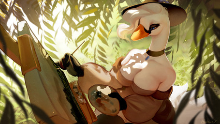 anthro beak big_breasts biped blue_eyes breasts cleavage clothed clothed_anthro clothed_female clothing day female fingers hat headgear headwear high-angle_view holding_object legwear non-mammal_breasts outside painting_(object) sitting sky smile solo thigh_highs white_body hackainax anatid anseriform anserine avian bird swan 2025 digital_drawing_(artwork) digital_media_(artwork) hi_res