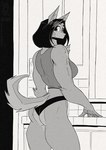 2023 anthro breasts butt canid canine clothing conditional_dnp female greyscale jollyjack looking_at_viewer looking_back mammal monochrome muscular muscular_female mythological_canine mythological_creature mythology panties shirt solo topwear underwear were werecanid werecanine werewolf