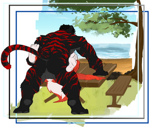anal anal_penetration anthro backsack balls beach bench big_balls big_muscles black_body black_fur black_hair butt dominant dominant_male duo fur furniture genitals grass grey_body grey_fur hair huge_muscles lying male male/male manly markings muscular muscular_male on_back on_table outside outside_sex penetration penile penile_penetration penis_in_ass plant rear_view red_body red_fur red_stripes sand sea sex size_difference standing striped_body striped_fur striped_markings striped_tail stripes table tail tail_markings tree water white_body white_fur ayato_kamata ayato_(ayato_kamata) bi_(ayato_kamata) canid canine canis felid mammal pantherine tiger wolf absurd_res hi_res watermark
