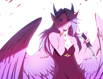 anthro blue_eyes clothed clothing dagger feathered_wings feathers female hair holding_object holding_weapon horn melee_weapon smile solo standing weapon wings wrappedvi mythology dragon feathered_dragon feathered_scalie mythological_creature mythological_scalie scalie 2019 digital_media_(artwork)