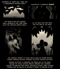 cloud crescent_moon cross grave imminent_death moon mountain plant rock sky teeth text tree waterfall zlut385 asian_mythology east_asian_mythology japanese_mythology mythology nuikami_(zlut385) canid canine canis human mammal wolf yokai comic digital_drawing_(artwork) digital_media_(artwork) english_text greyscale monochrome story