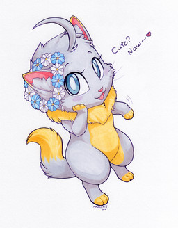 ambiguous_gender biped blue_eyes blush cheek_tuft chibi dialogue digitigrade dipstick_tail eyebrows facial_tuft feet fingerless_(marking) flower flower_crown green_body green_markings grey_body head_tuft heart_after_text inner_ear_fluff looking_at_viewer markings multicolored_body neck_tuft nude open_mouth open_smile pink_nose plant semi-anthro simple_background smile solo tail tail_markings teeth text toeless_(marking) tongue tuft two_tone_body whiskers white_background malachyte domestic_cat felid feline felis mammal 2016 english_text hi_res traditional_media_(artwork) female_(lore)