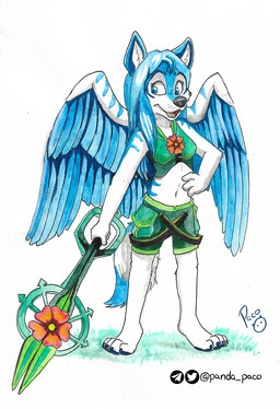 anthro blue_eyes blue_hair blue_markings blue_tail blue_wings bottomwear clothed clothing dipstick_tail eyelashes feathered_wings feathers female front_view fur glistening glistening_eyes grass green_bottomwear green_clothing green_topwear hair hand_on_hip holding_object holding_weapon logo long_hair looking_aside markings navel open_mouth open_smile plant simple_background smile solo standing tail tail_markings topwear weapon white_background white_body white_fur white_tail wings young young_anthro young_female pandapaco canid canine mammal artist_logo full-length_portrait portrait signature